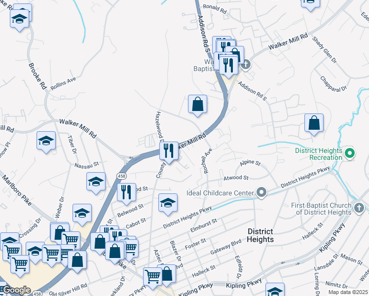 map of restaurants, bars, coffee shops, grocery stores, and more near 6401 Walker Mill Road in Capitol Heights
