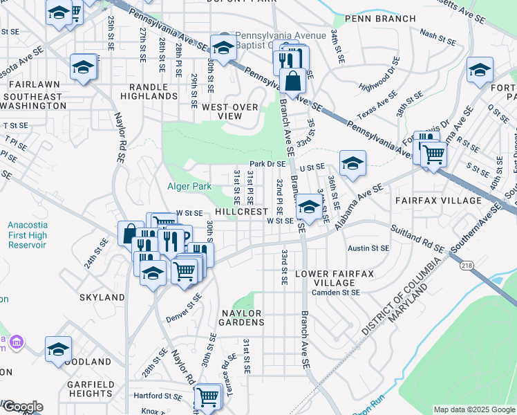 map of restaurants, bars, coffee shops, grocery stores, and more near 2129 32nd Street Southeast in Washington