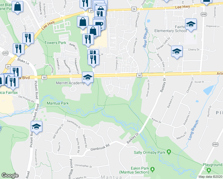 map of restaurants, bars, coffee shops, grocery stores, and more near 3163 Colchester Brook Lane in Fairfax