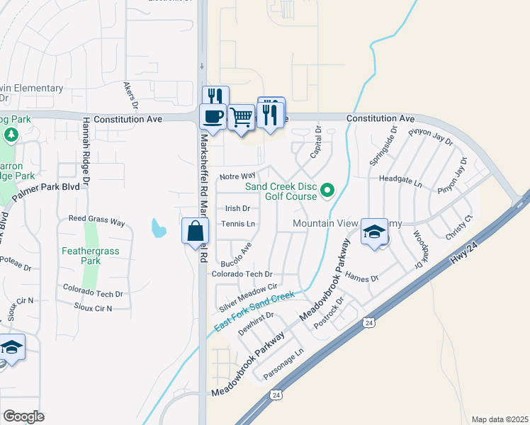 map of restaurants, bars, coffee shops, grocery stores, and more near 2185 Bucolo Avenue in Colorado Springs