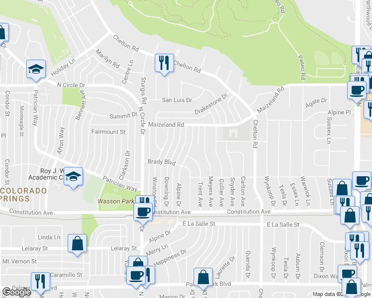 map of restaurants, bars, coffee shops, grocery stores, and more near 2128 Alpine Drive in Colorado Springs