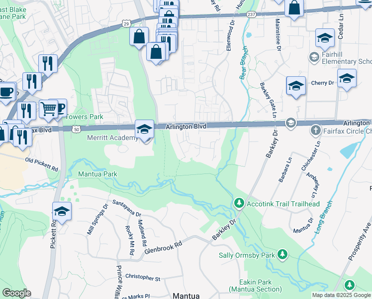 map of restaurants, bars, coffee shops, grocery stores, and more near 3163 Colchester Brook Lane in Fairfax