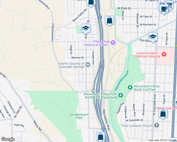 map of restaurants, bars, coffee shops, grocery stores, and more near 2110 North Chestnut Street in Colorado Springs