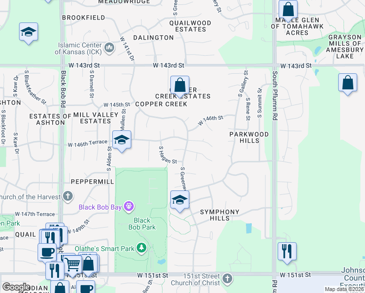 map of restaurants, bars, coffee shops, grocery stores, and more near 14620 South Greenwood Street in Olathe