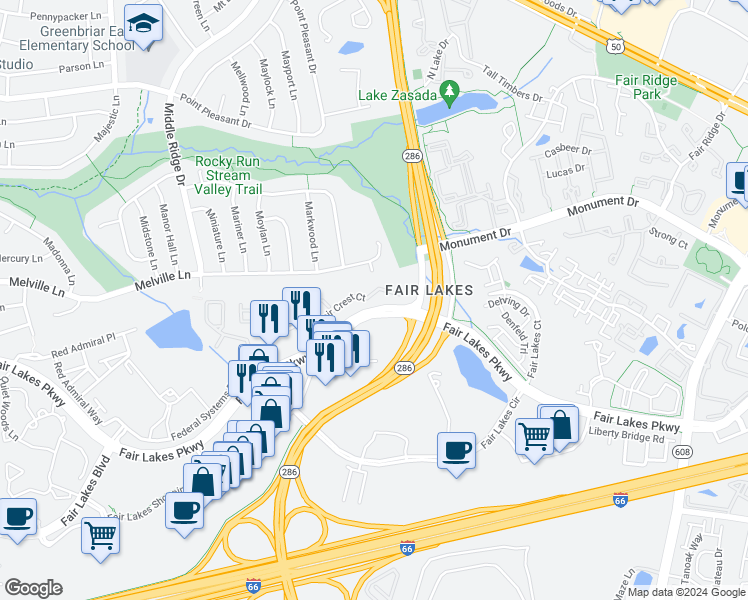 map of restaurants, bars, coffee shops, grocery stores, and more near 12667 Fair Crest Court in Fairfax