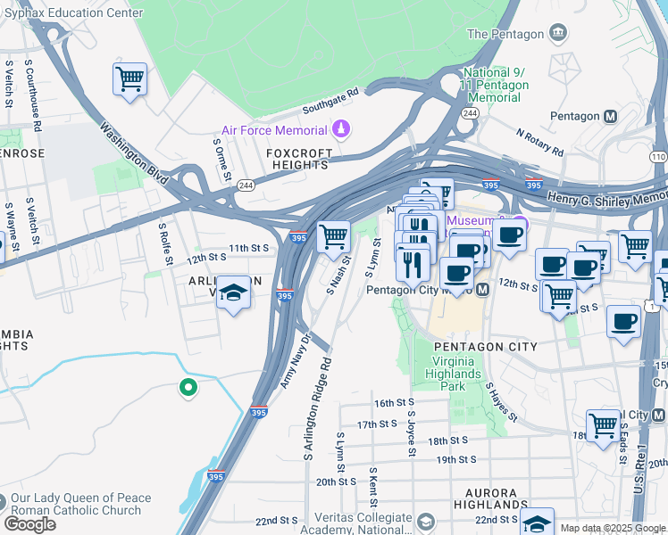 map of restaurants, bars, coffee shops, grocery stores, and more near 1300 Army Navy Drive in Arlington