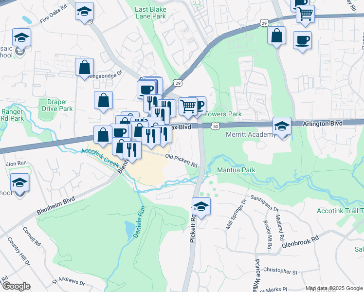 map of restaurants, bars, coffee shops, grocery stores, and more near 9479 Fairfax Boulevard in Fairfax