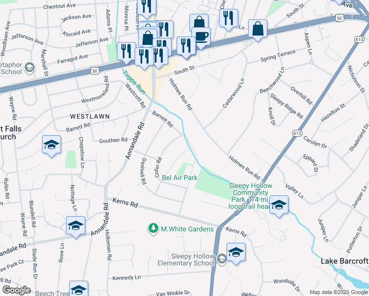map of restaurants, bars, coffee shops, grocery stores, and more near 3132 Holloway Road in Falls Church