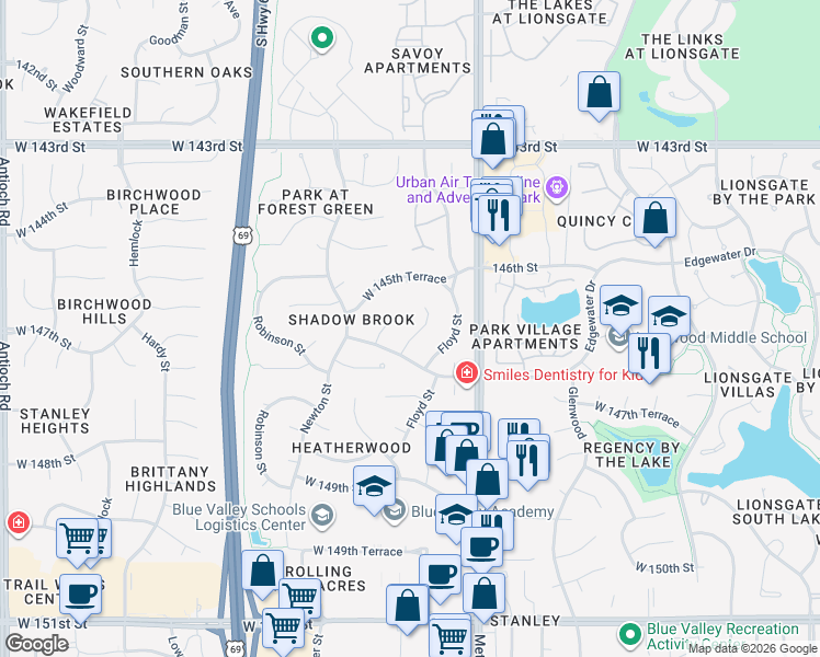 map of restaurants, bars, coffee shops, grocery stores, and more near 14607 Riley Street in Overland Park