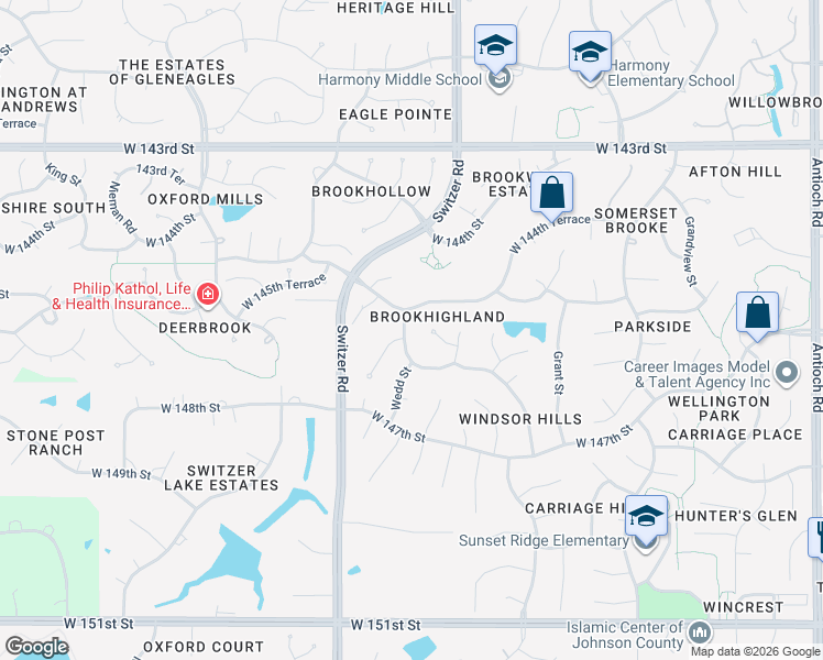 map of restaurants, bars, coffee shops, grocery stores, and more near 14505 Wedd Street in Overland Park