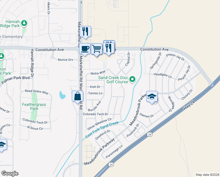 map of restaurants, bars, coffee shops, grocery stores, and more near 2185 Bucolo Avenue in Colorado Springs