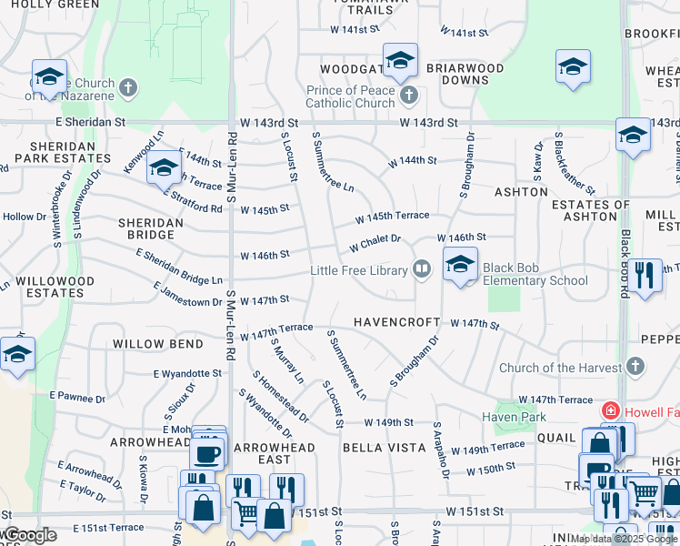 map of restaurants, bars, coffee shops, grocery stores, and more near 14700 South Village Drive in Olathe