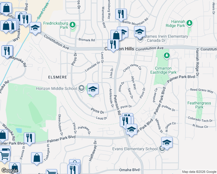 map of restaurants, bars, coffee shops, grocery stores, and more near 2120 Ambleside Drive in Colorado Springs