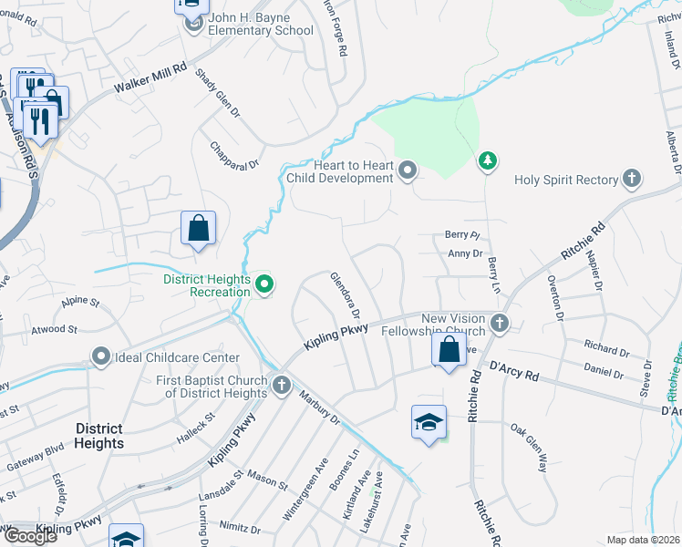 map of restaurants, bars, coffee shops, grocery stores, and more near 1916 Glendora Dr in District Heights