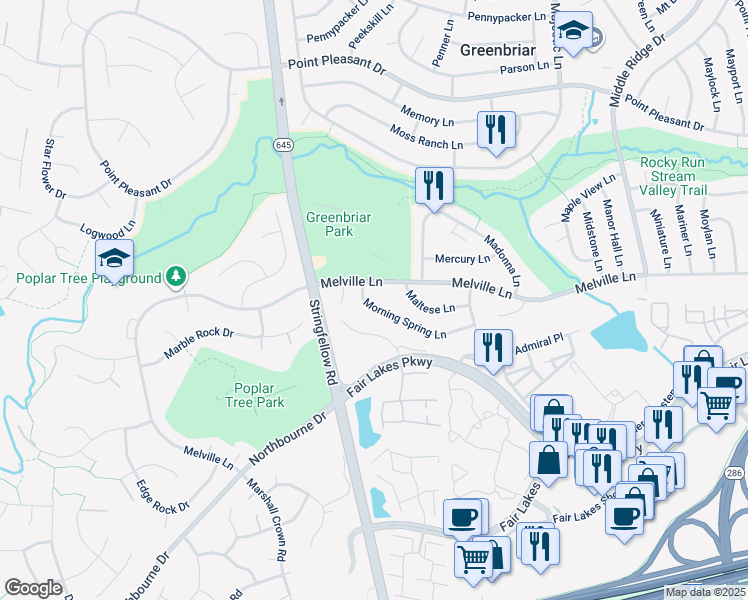 map of restaurants, bars, coffee shops, grocery stores, and more near 13163 Morning Spring Lane in Fairfax