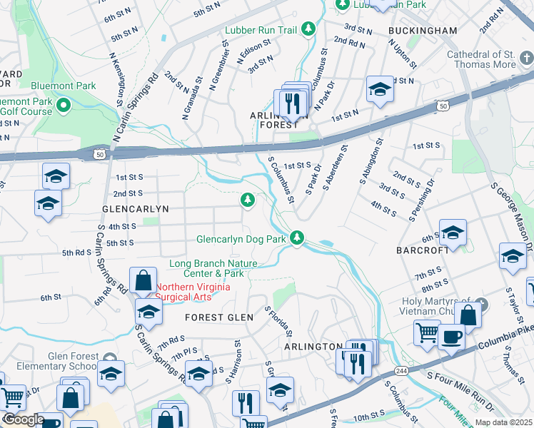 map of restaurants, bars, coffee shops, grocery stores, and more near 130 South Columbus Street in Arlington