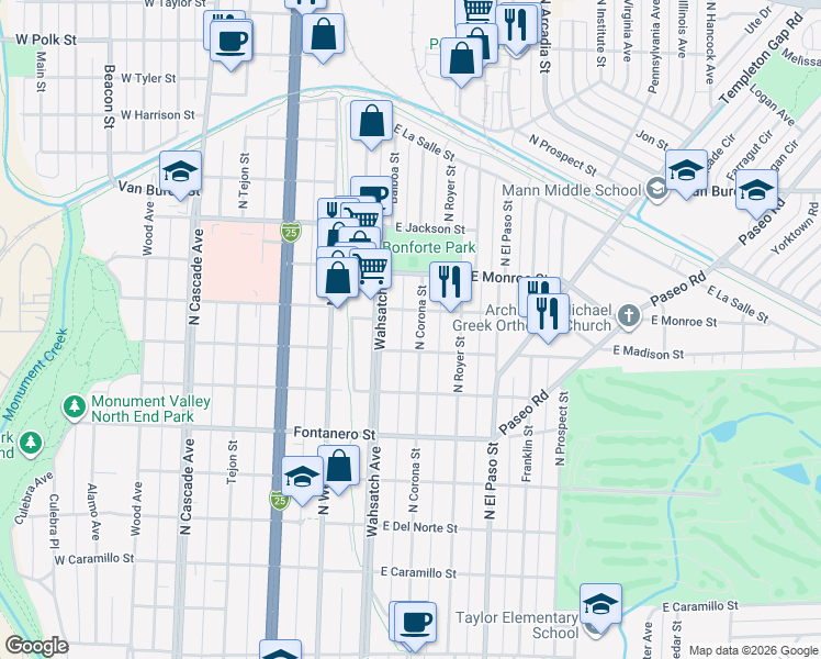 map of restaurants, bars, coffee shops, grocery stores, and more near 2120 North Corona Street in Colorado Springs