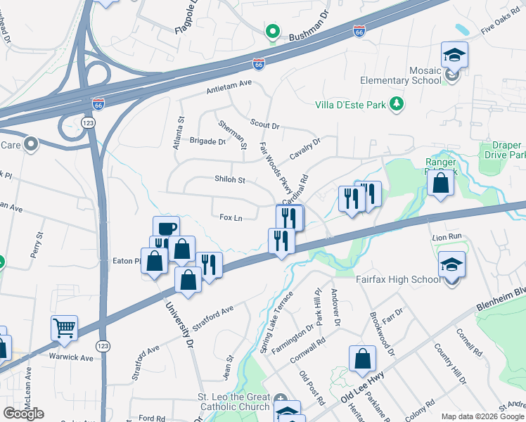map of restaurants, bars, coffee shops, grocery stores, and more near 10205 Raider Lane in Fairfax