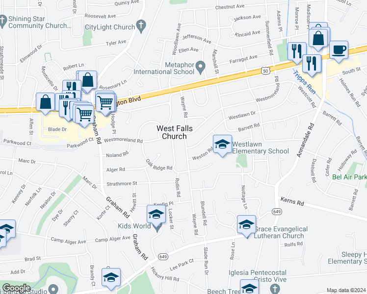 map of restaurants, bars, coffee shops, grocery stores, and more near 3120 Wayne Road in Falls Church