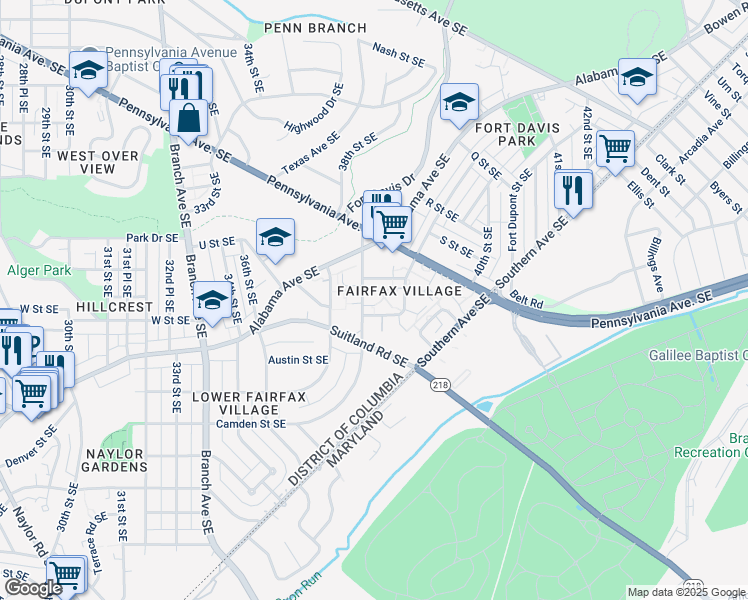 map of restaurants, bars, coffee shops, grocery stores, and more near 2110 38th Street Southeast in Washington