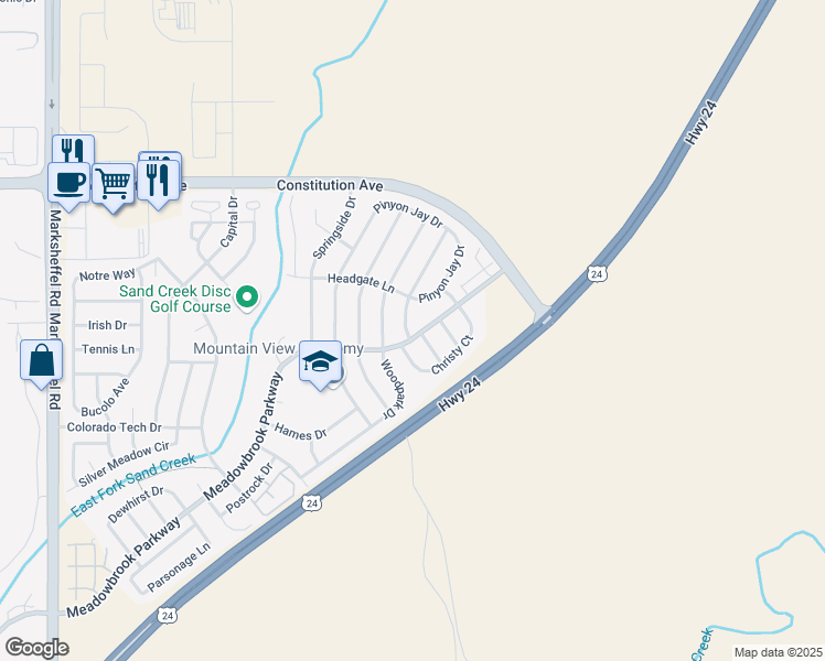 map of restaurants, bars, coffee shops, grocery stores, and more near 2029 Jeanette Way in Colorado Springs