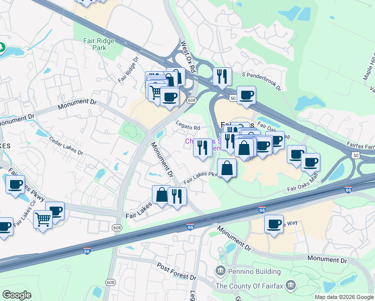 map of restaurants, bars, coffee shops, grocery stores, and more near 12139 Tribune Street in Fairfax