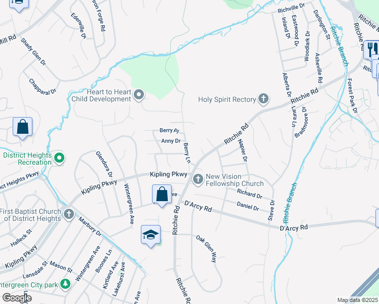 map of restaurants, bars, coffee shops, grocery stores, and more near 1812 Berry Lane in District Heights