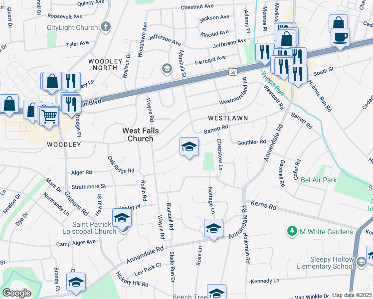 map of restaurants, bars, coffee shops, grocery stores, and more near 3124 Westley Road in Falls Church