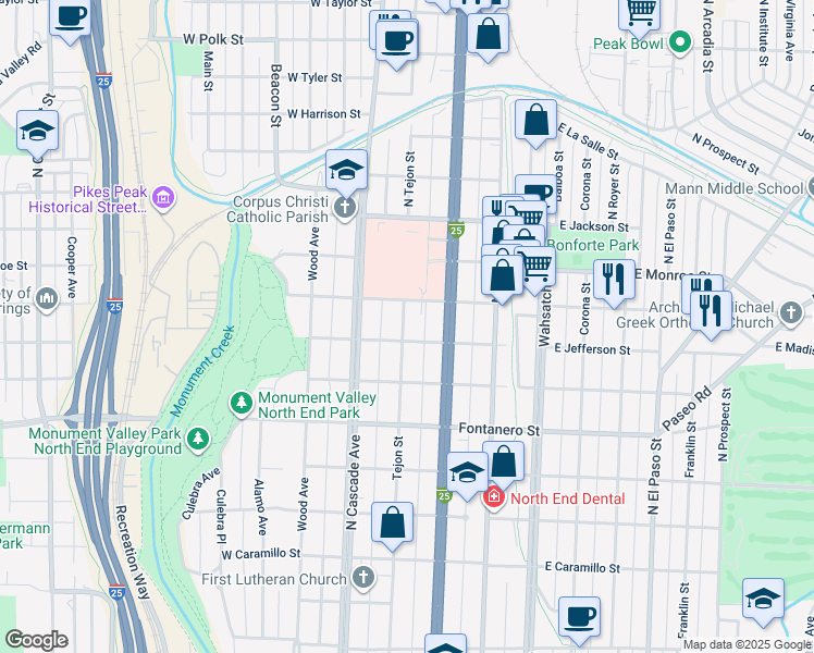 map of restaurants, bars, coffee shops, grocery stores, and more near 2111 North Tejon Street in Colorado Springs