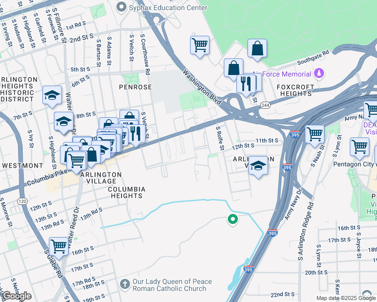 map of restaurants, bars, coffee shops, grocery stores, and more near 1914 Virginia 244 in Arlington