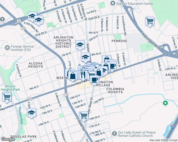 map of restaurants, bars, coffee shops, grocery stores, and more near 900 South Walter Reed Drive in Arlington