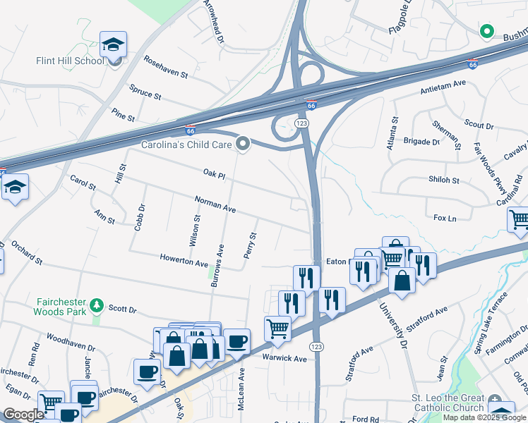 map of restaurants, bars, coffee shops, grocery stores, and more near 10516 Norman Avenue in Fairfax