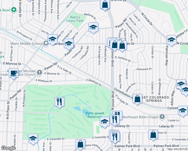 map of restaurants, bars, coffee shops, grocery stores, and more near 2215 North Logan Avenue in Colorado Springs