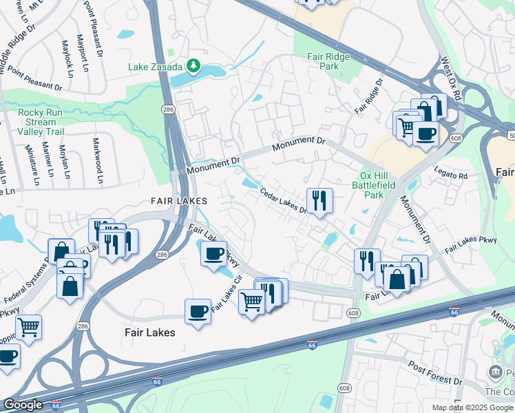 map of restaurants, bars, coffee shops, grocery stores, and more near 12461 Hayes Court in Fairfax