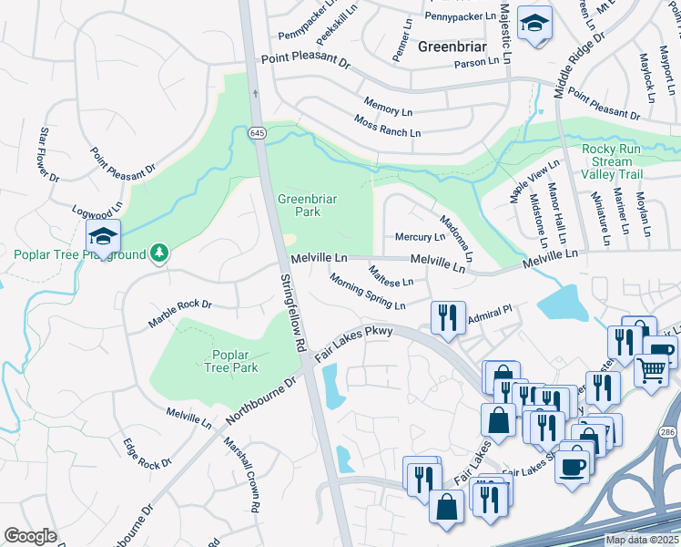 map of restaurants, bars, coffee shops, grocery stores, and more near 13163 Morning Spring Lane in Fairfax