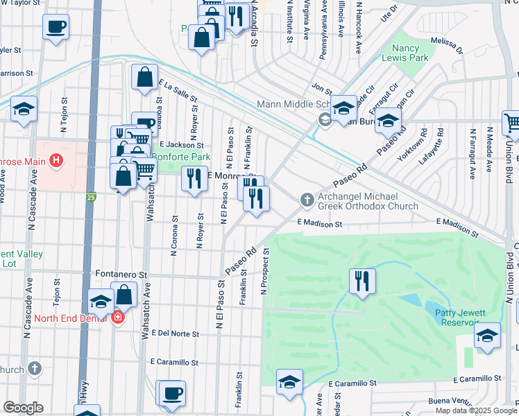 map of restaurants, bars, coffee shops, grocery stores, and more near 2129 Templeton Gap Road in Colorado Springs