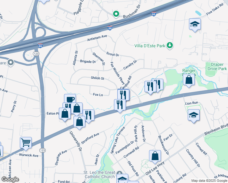 map of restaurants, bars, coffee shops, grocery stores, and more near 10133 Cardinal Road in Fairfax