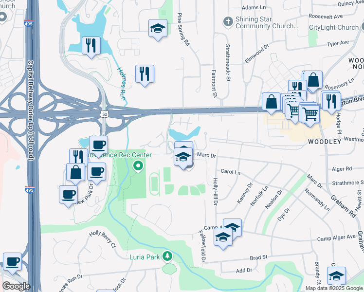 map of restaurants, bars, coffee shops, grocery stores, and more near 3152 Covewood Court in Falls Church