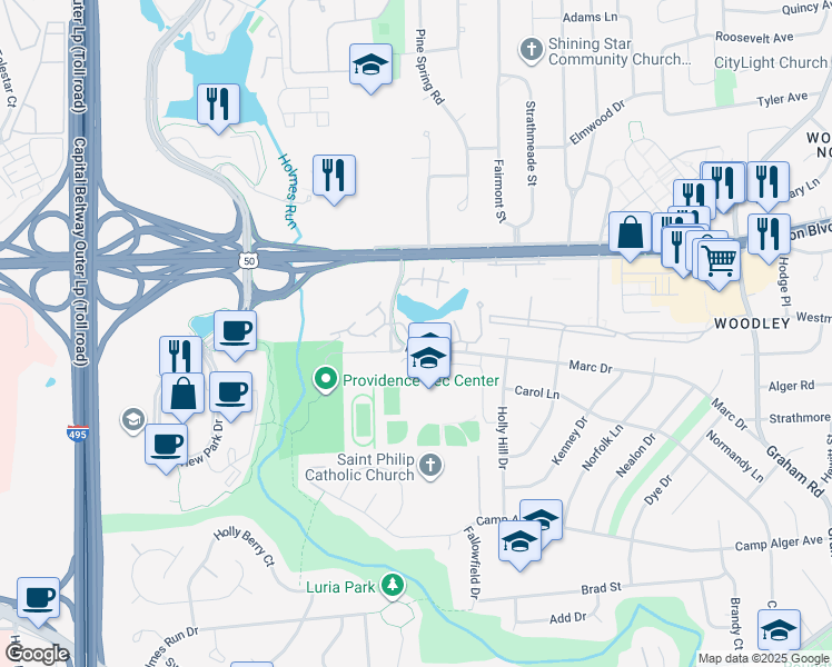 map of restaurants, bars, coffee shops, grocery stores, and more near 7602 Lakeside Village Drive in Falls Church