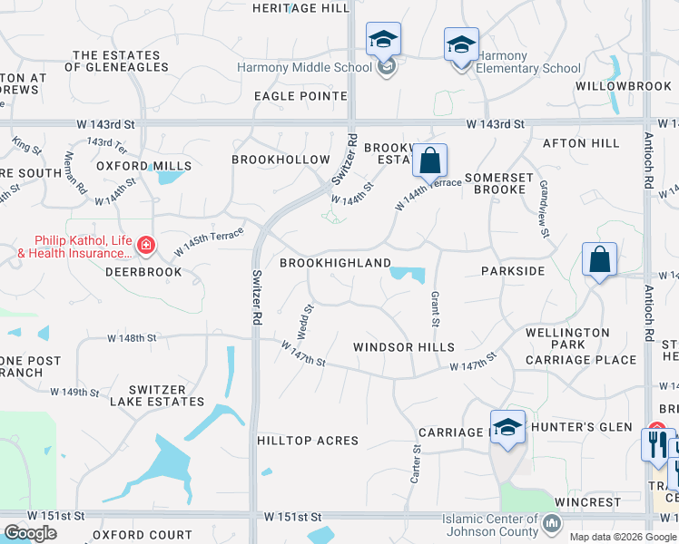 map of restaurants, bars, coffee shops, grocery stores, and more near 14505 Farley Street in Overland Park