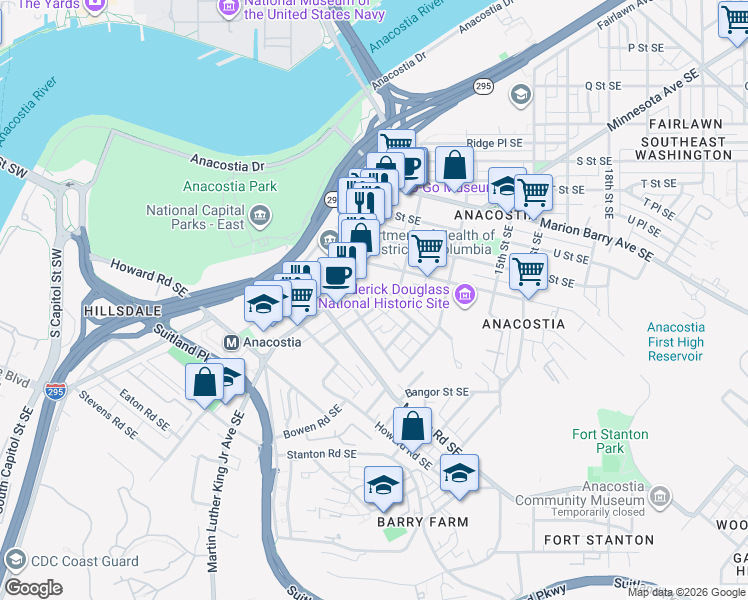 map of restaurants, bars, coffee shops, grocery stores, and more near 2237 Mount View Place Southeast in Washington
