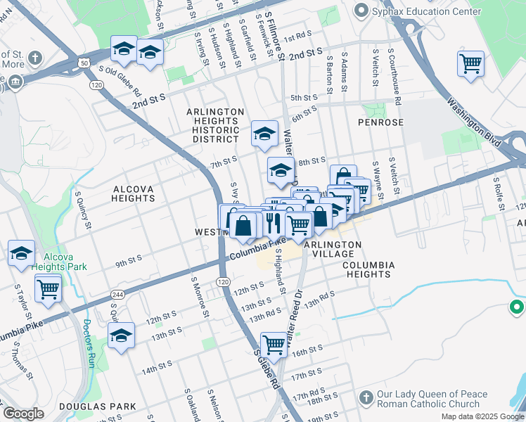 map of restaurants, bars, coffee shops, grocery stores, and more near 3101 9th Street South in Arlington