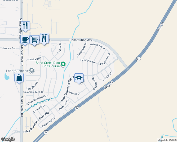 map of restaurants, bars, coffee shops, grocery stores, and more near 2030 Woodpark Drive in Colorado Springs