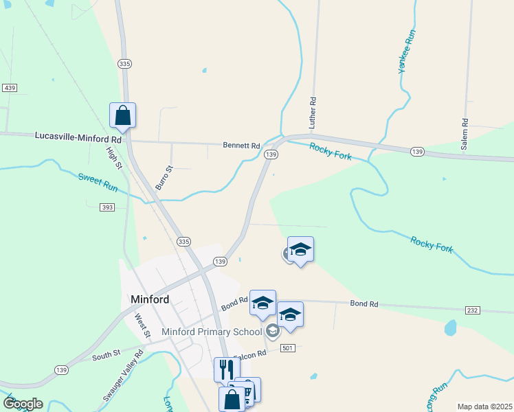 map of restaurants, bars, coffee shops, grocery stores, and more near 11158 Ohio 139 in Minford