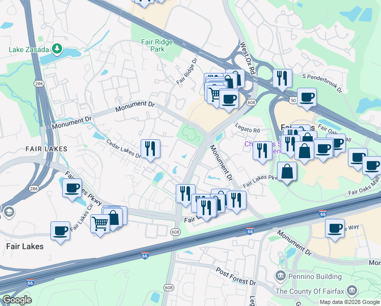 map of restaurants, bars, coffee shops, grocery stores, and more near 12221 Fairfield House Drive in Fairfax