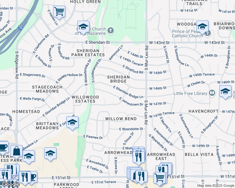 map of restaurants, bars, coffee shops, grocery stores, and more near 1948 East Jamestown Drive in Olathe