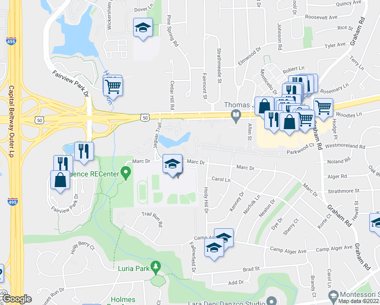 map of restaurants, bars, coffee shops, grocery stores, and more near 3153 Anchorway Court in Falls Church
