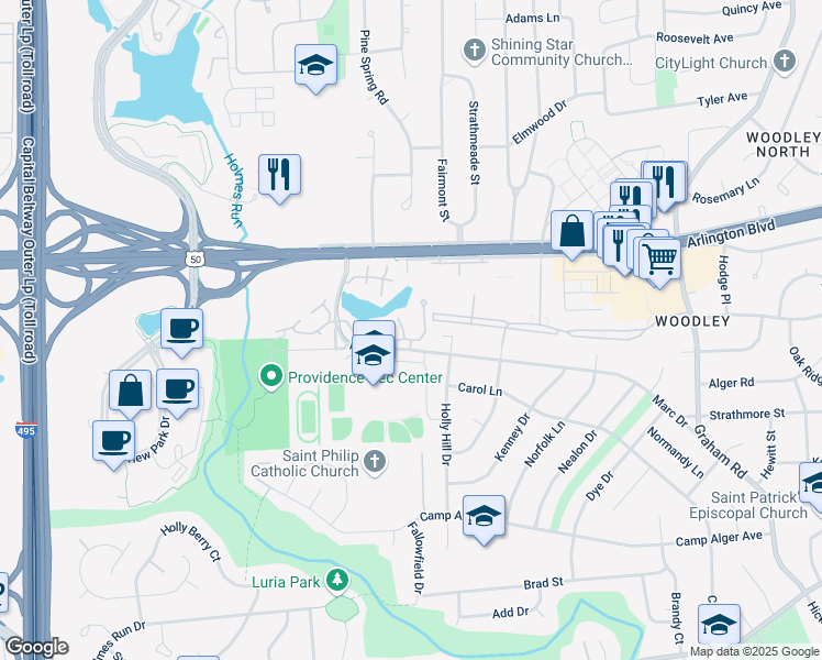 map of restaurants, bars, coffee shops, grocery stores, and more near 3153 Anchorway Court in Falls Church