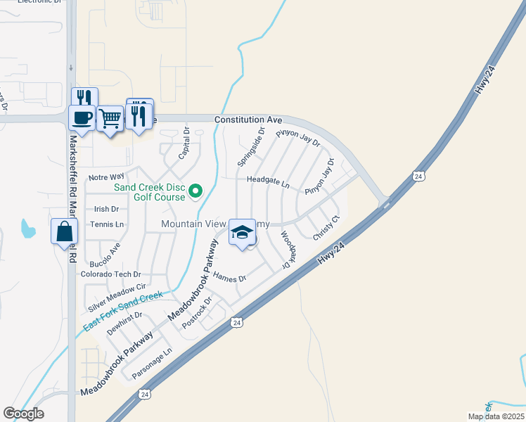 map of restaurants, bars, coffee shops, grocery stores, and more near 2050 Sage Grouse Lane in Colorado Springs