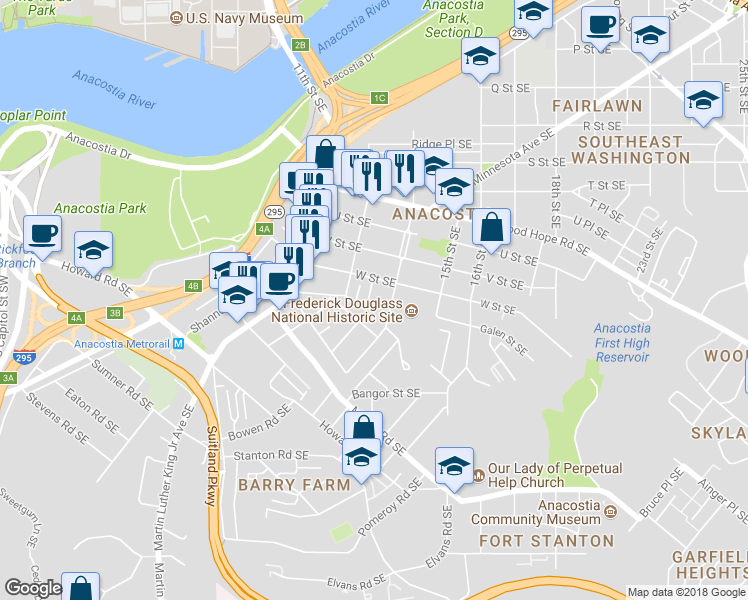 map of restaurants, bars, coffee shops, grocery stores, and more near 2226 Chester Street Southeast in Washington